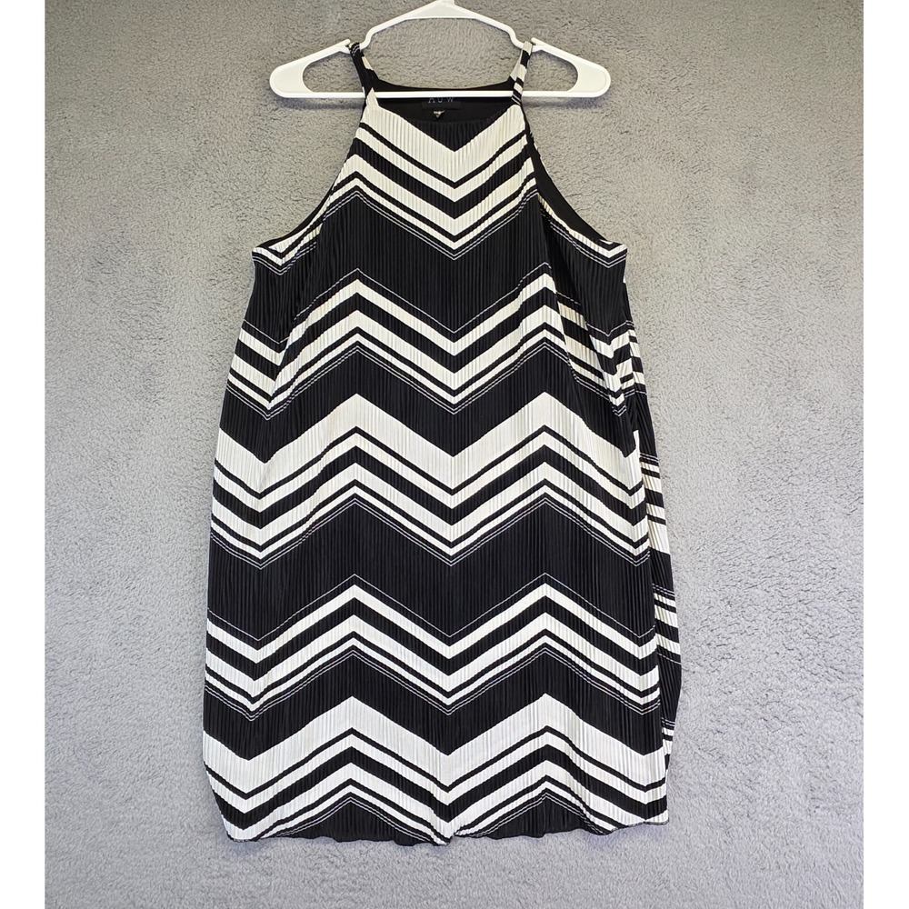 AUW Tank Dress Womens 6 Black White Halter Satin Pleated Chevron Whimsigoth